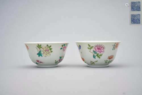 A pair of famille-rose 'floral' bowls Qianlong six-character...