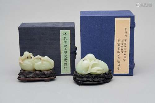 Two celadon jade 'mandarin ducks' and 'herons' carvings (2)