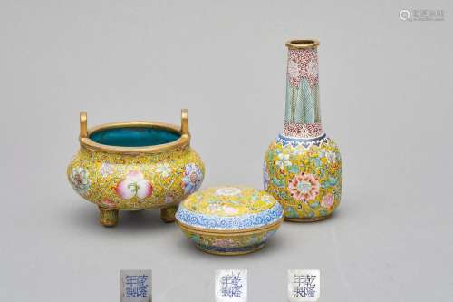 A set of three painted enamel incense containers Qianlong fo...