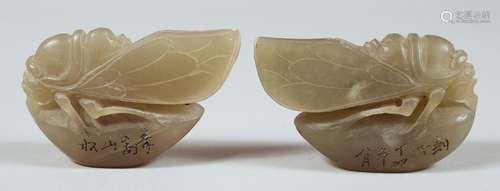 TWO CHINESE CARVED CICADA FORM JADE SEALS, each with incised...