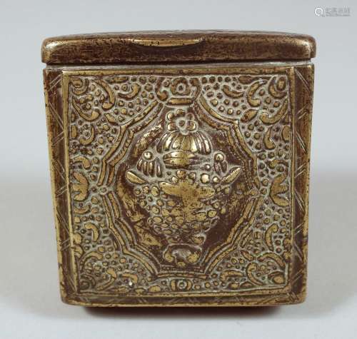 A TIBETAN BRASS TRAVELLING SCROLL BOX, with hinged lid and r...