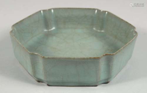 A CHINESE RU STYLE CELADON HEXAGONAL BRUSH WASHER, the base ...