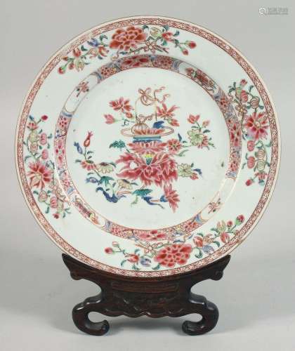 A CHINESE FAMILLE ROSE PORCELAIN PLATE with carved hardwood ...