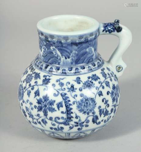 A CHINESE BLUE AND WHITE PORCELAIN JUG, decorated with lotus...