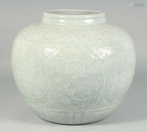 A VERY LARGE CHINESE CELADON GLAZE JAR, the body with raised...