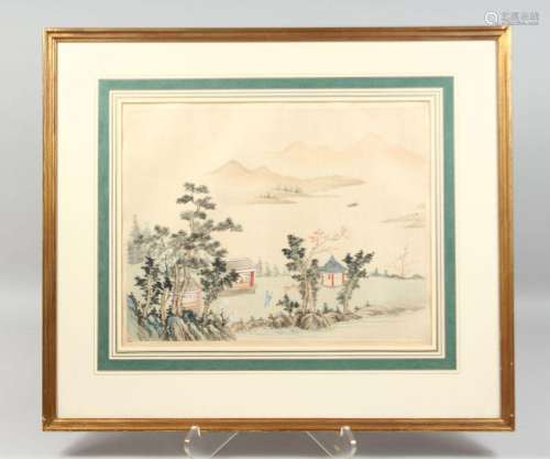 A CHINESE FRAMED PAINTING ON SILK, depicting a landscape sce...