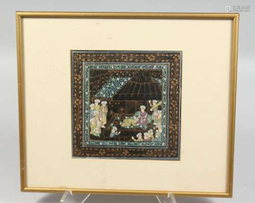 A SMALL FRAMED ISLAMIC PAINTING ON CLOTH, depicting a busy s...