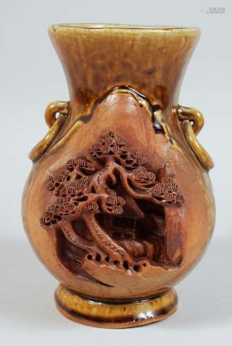 A CHINESE PART-GLAZED POTTERY VASE with relief moulded decor...
