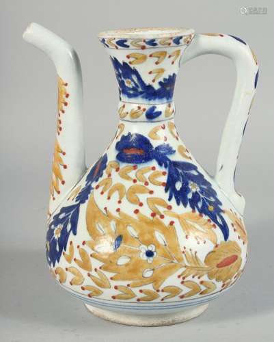 A TURKISH KUTAHYA POTTERY WATER JUG, painted with foliate de...