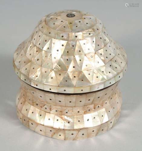 A TURKISH OTTOMAN MOTHER OF PEARL CIRCULAR BOX AND COVER, 9c...