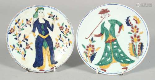 TWO TURKISH KUTAHYA GLAZED POTTERY DISHES, painted with a ma...