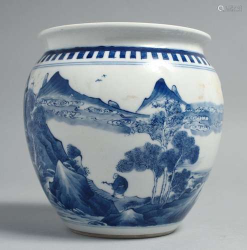 A CHINESE BLUE AND WHITE PORCELAIN JAR, painted with a mount...