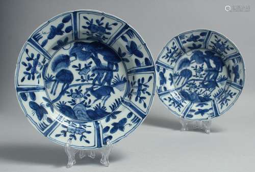 A PAIR OF CHINESE BLUE AND WHITE PORCELAIN PLATES, decorated...