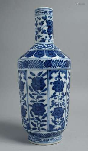 A CHINESE BLUE AND WHITE PORCELAIN VASE, pained with panels ...