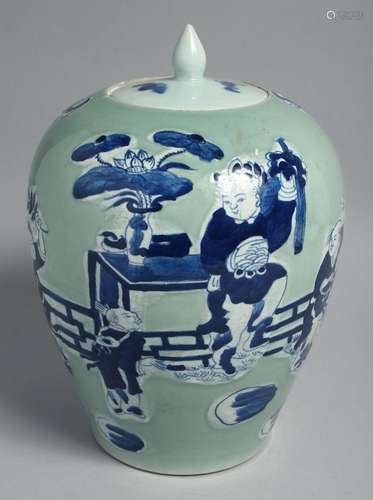 A CHINESE CELADON GROUND BLUE AND WHITE PORCELAIN JAR AND CO...