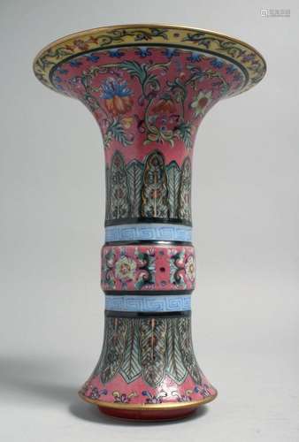 A CHINESE FAMILLE ROSE PORCELAIN GU VASE, painted with folia...