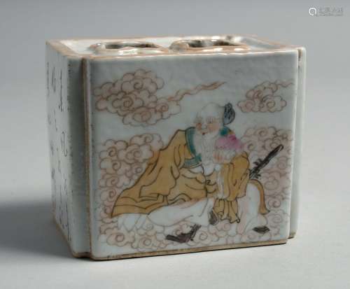 A CHINESE PORCELAIN INKWELL, painted with figures and script...