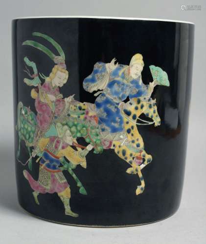 A LARGE CHINESE FAMILLE NOIR PORCELAIN BRUSH POT, painted wi...