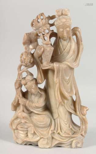 A LARGE CHINESE SOAPSTONE FIGURAL GROUP, of female figures; ...
