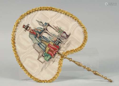 A CHINESE EMBROIDERED SILK FAN with wooden handle, 41cm long...