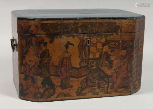 AN 18TH CENTURY CHINESE LACQUERED WOOD CASKET, decorated wit...