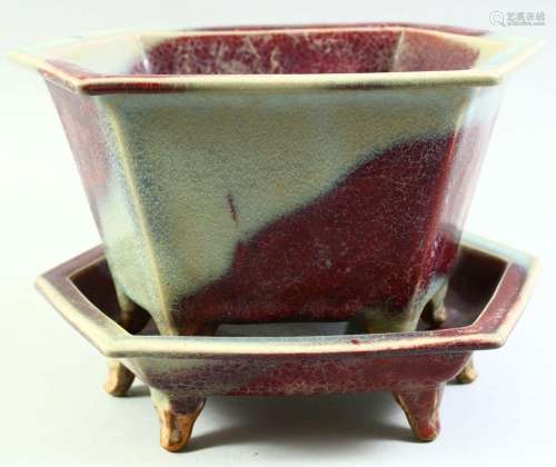 A CHINESE JUN WARE HEXAGONAL POTTERY PLANTER AND TRAY, the p...