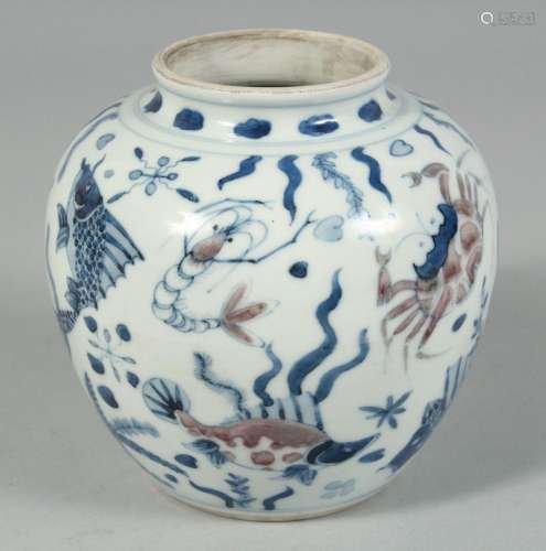 A CHINESE BLUE, WHITE AND UNDER-GLAZE RED PORCELAIN JAR, dec...