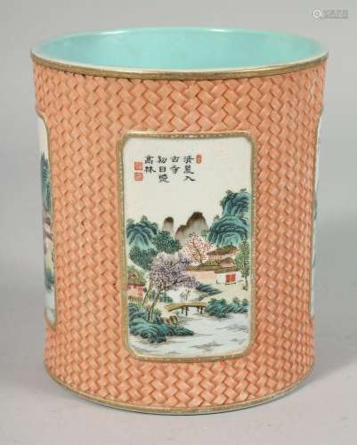 A CHINESE CORAL RED AND TURQUOISE PORCELAIN BRUSH POT, the e...