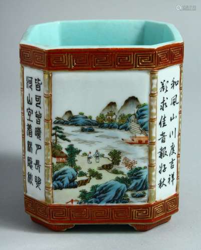 A CHINESE SQUARE FORM PORCELAIN BRUSH POT, decorated with la...