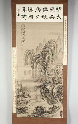 A CHINESE SCROLL PAINTING ON SILK depicting a mountainous la...