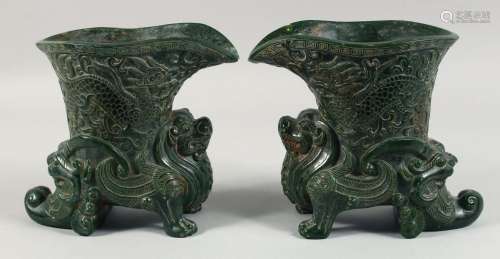 A LARGE AND IMPRESSIVE PAIR OF HEAVY CHINESE CARVED GREEN JA...