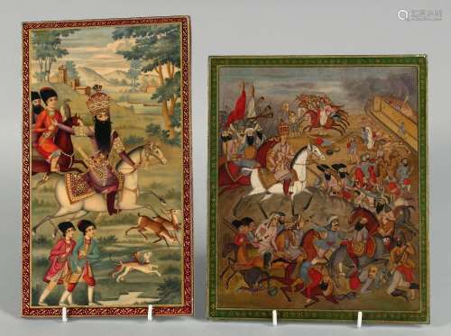 TWO PERSIAN SCHOOL LACQUERED MINIATURE PAINTINGS ON BOARD, o...