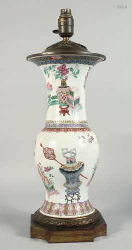 A LARGE CHINESE FAMILLE ROSE PORCELAIN VASE LAMP, the body p...
