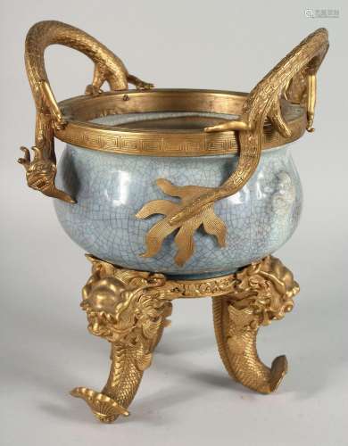 A LARGE CHINESE POWDER BLUE CRACKLE GLAZE CENSER WITH GILT M...