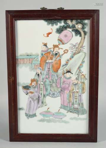 A CHINESE FAMILLE ROSE PORCELAIN PANEL IN A HARDWOOD FRAME, ...