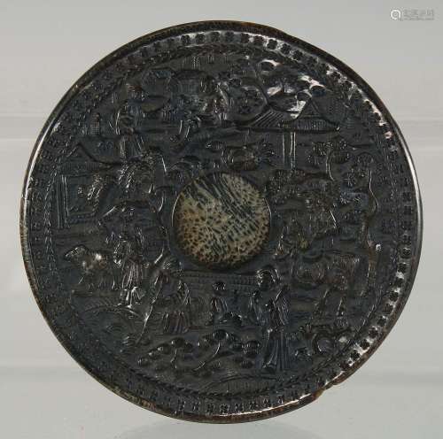 A CHINESE ANTIQUE CARVED TORTOISESHELL CIRCULAR BOX AND COVE...