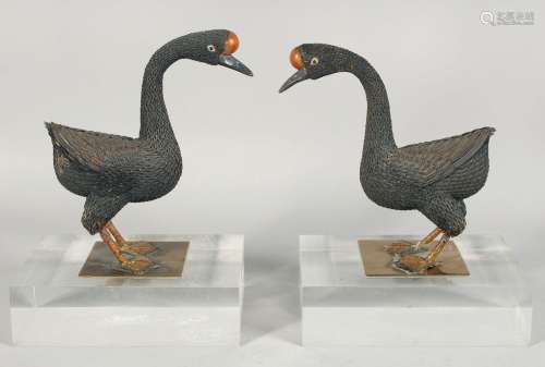 A PAIR OF CHINESE METAL AND ENAMEL WORK FIGURES OF GEESE, th...