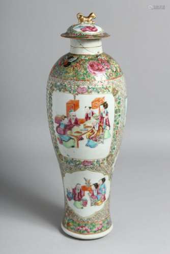 A TALL CHINESE CANTON PORCELAIN VASE AND COVER painted with ...