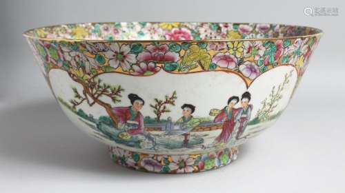 A LARGE CHINESE CANTON PORCELAIN PUNCH BOWL, the interior pa...