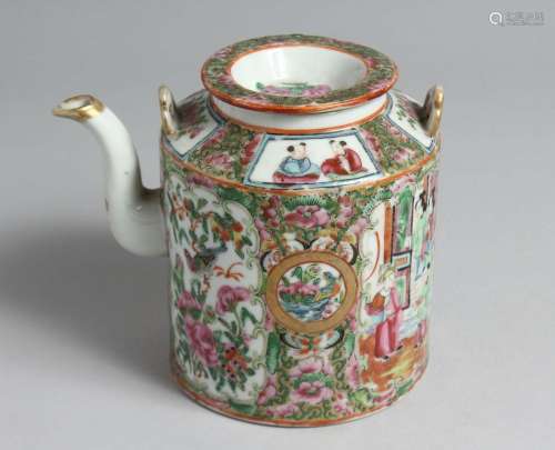 A CHINESE CANTON PORCELAIN TEAPOT AND COVER painted with pan...