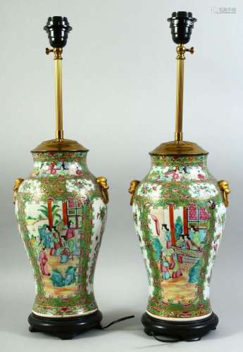 A PAIR OF CHINESE CANTON FAMILLE ROSE PORCELAIN LAMP VASES, ...