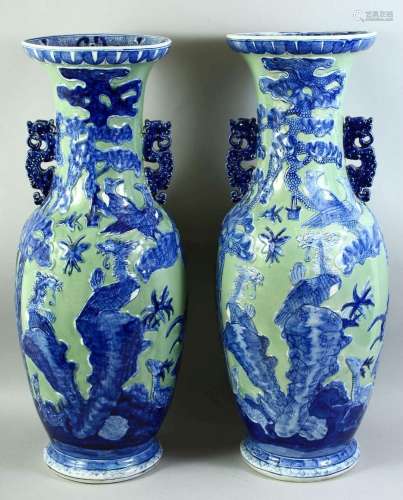 A LARGE PAIR OF CHINESE CELADON BLUE AND WHITE PORCELAIN VAS...
