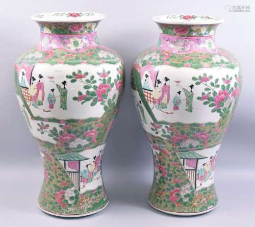 A LARGE PAIR OF CHINESE FAMILLE ROSE / VERTE PORCELAIN VASES...