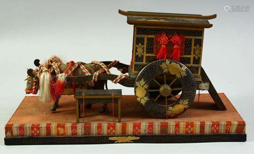 A JAPANESE LACQUER HINA DOLL OXEN AND CARRIAGE, 31.5cm long.