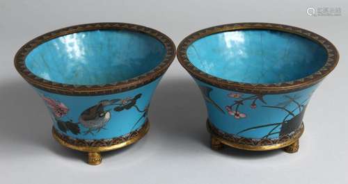 A SMALL PAIR OF JAPANESE BLUE-GROUND CLOISONNE JARDINIERES, ...