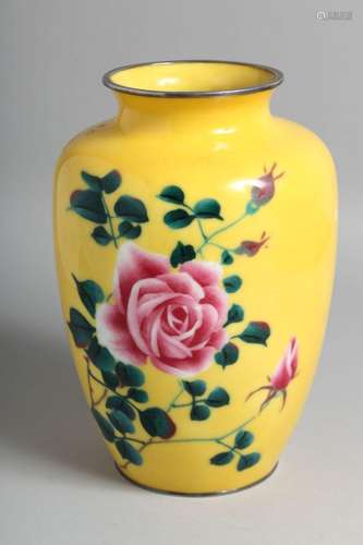 A JAPANESE YELLOW GROUND CLOISONNE VASE, decorated with flor...