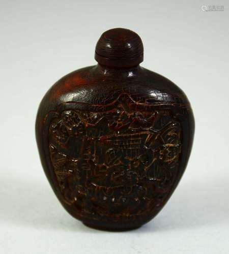 A SMALL CHINESE SNUFF BOTTLE AND STOPPER, possibly horn, wit...