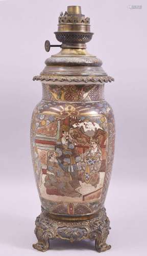 A JAPANESE SATSUMA PORCELAIN LAMP VASE with metal mounts, de...