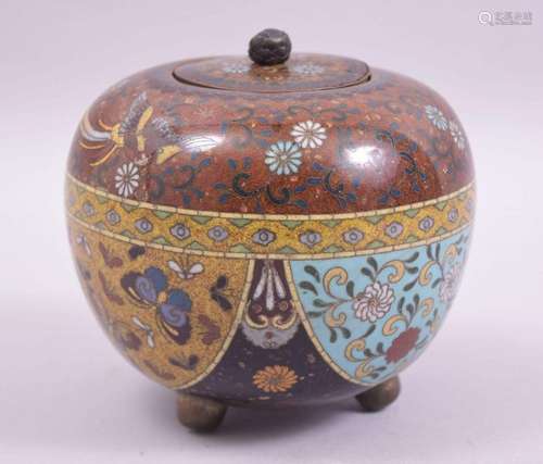 A JAPANESE CLOISONNE KORO AND COVER, decorated with panels o...