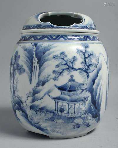 A LARGE JAPANESE BLUE AND WHITE HIRADO PORCELAIN KORO AND CO...